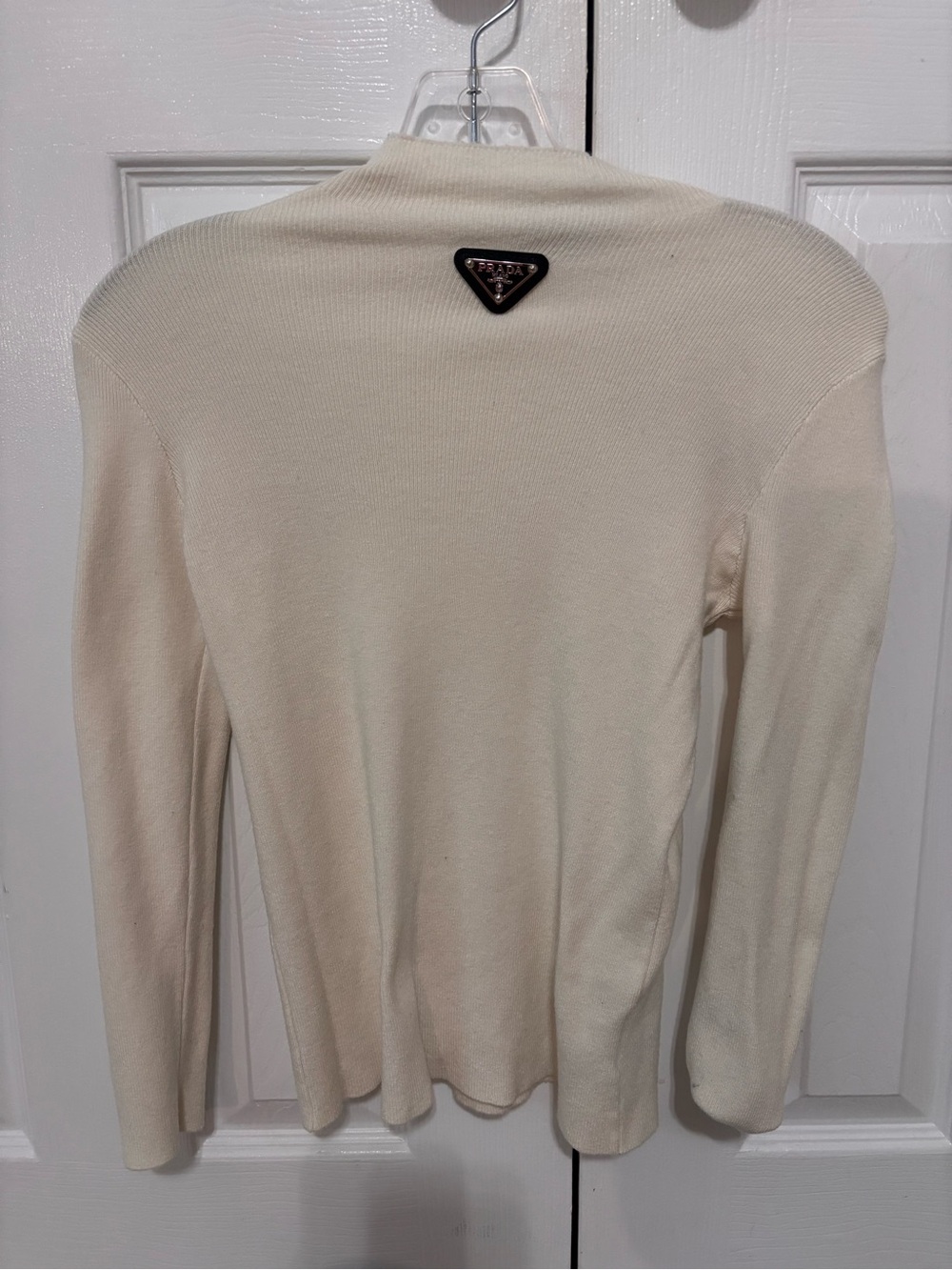 Prada Cream Ribbed Long-Sleeve Turtleneck Sweater with Logo Plaque